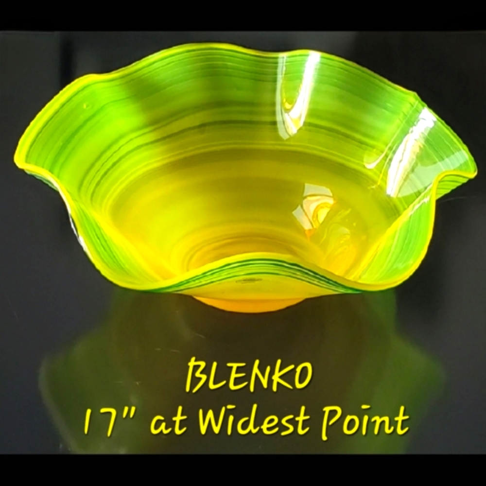 Huge Blenko 17" Handmade Yellow & Blue Art Glass Bowl - Picture 1 of 13
